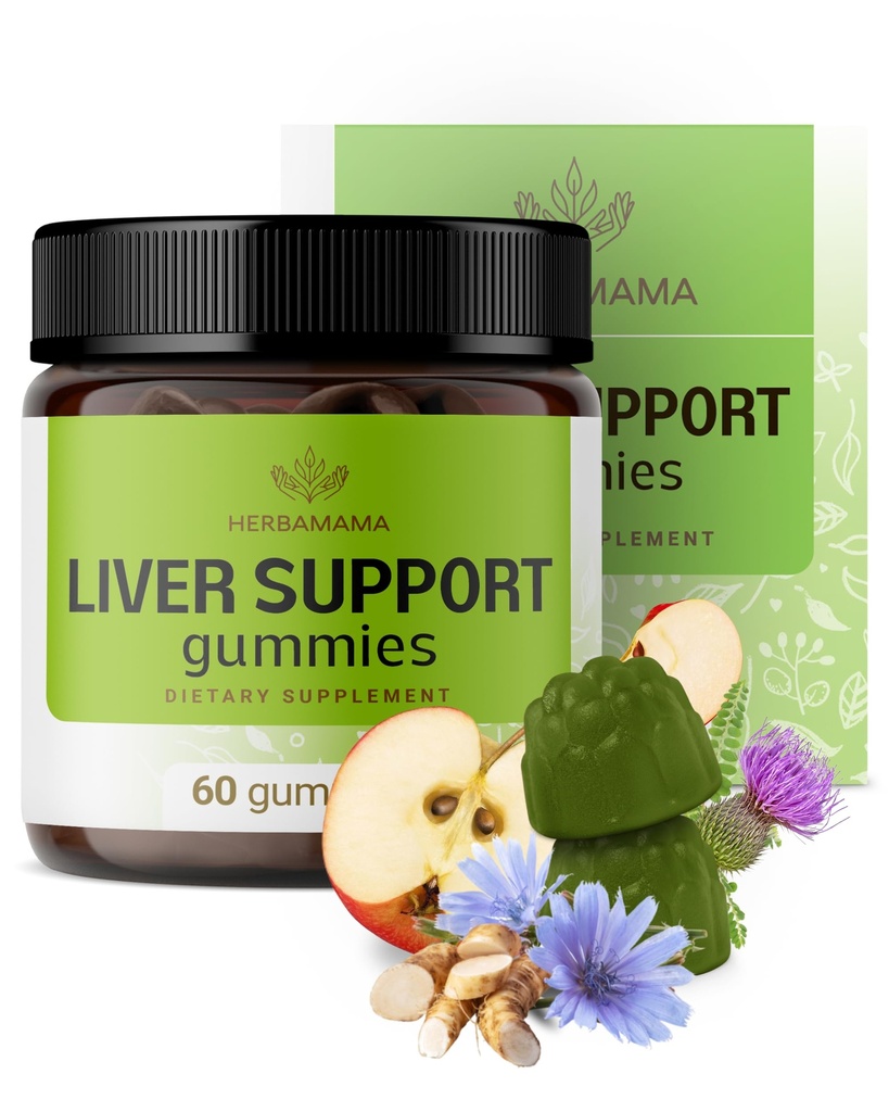 HERBAMAMA Liver Support Gummies - Complejo herbal para la desintoxicación y limpieza del hígado - Suplemento de soporte general vegano y no transgénico - 60 Pectin-Based Apple-Flavored Chews