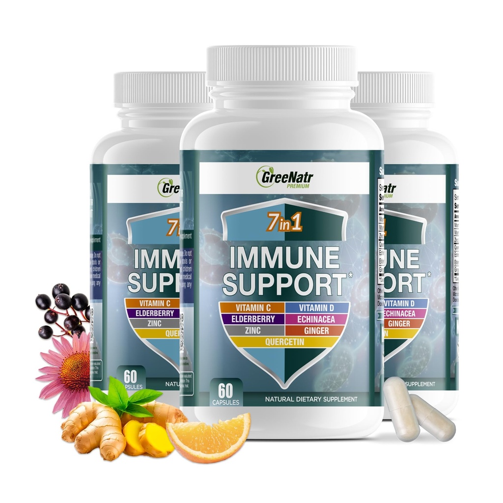 GreeNatr Immune Support Suplemento con Vitamina C, D3, Zinc 50mg, Quercetina, Echinacea Purpurea, Sambucus Elderberry y Ginger para la Defensa del Inmuno Completo - 60 cápsulas (3 botellas)