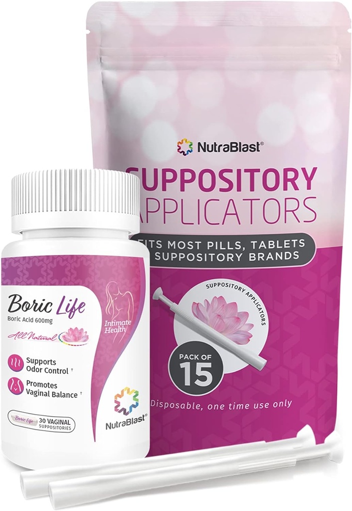 NutraBlast Boric Acid Vaginal Suppositories 600mg Bundle with Applicator, 30 Suppositories & 15 Applicators - Cuidado Feminine - Made in USA