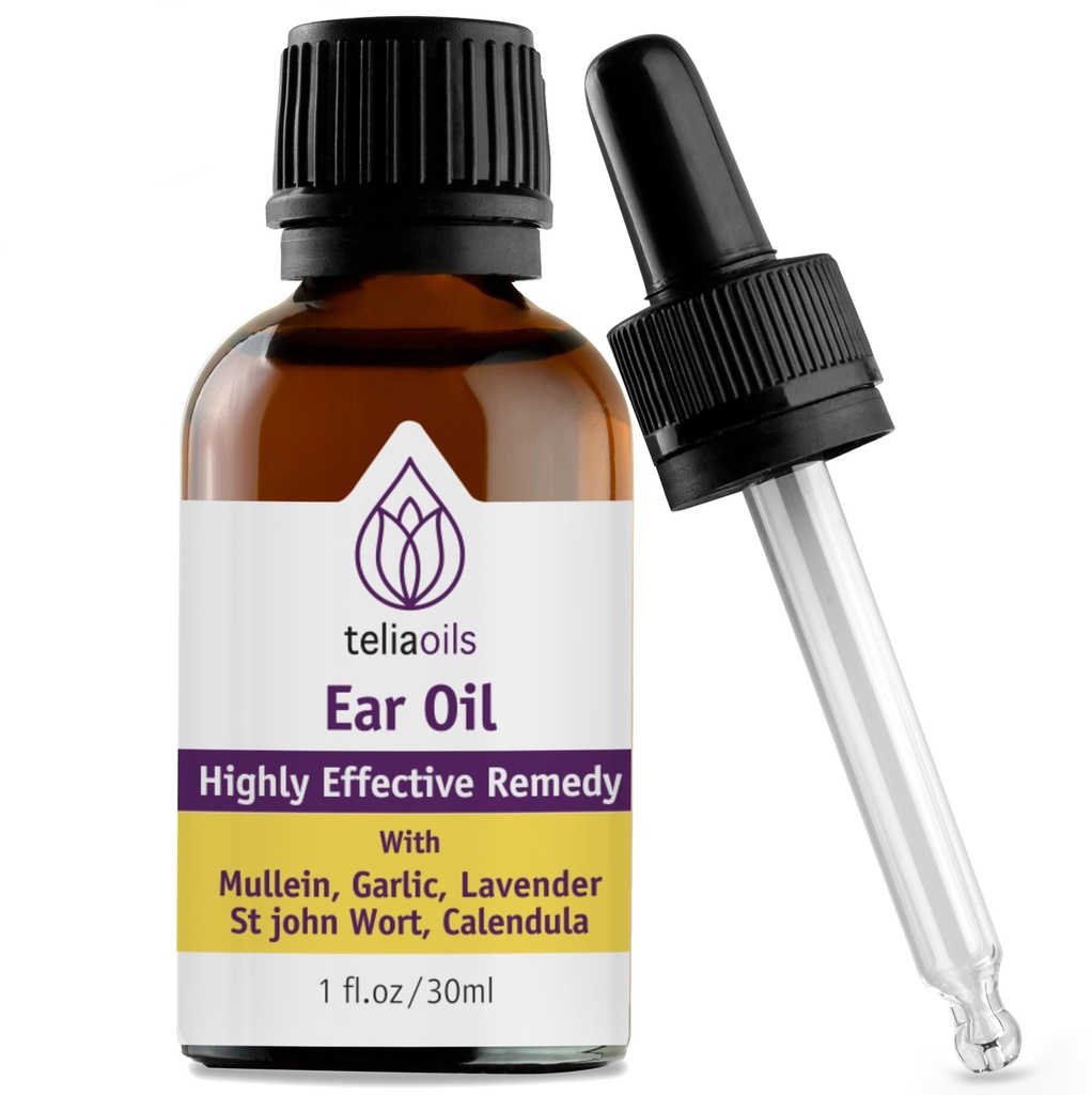 Teliaoils Natural Ear Drops Aceite esencial con ajo y Mullein - Herbal Ear Oil Remedy for Easy Earwax Removal, Descomfort &amp; Ringing Relief - Natural Soothing, Deep Cleansing Properties - 1 oz.