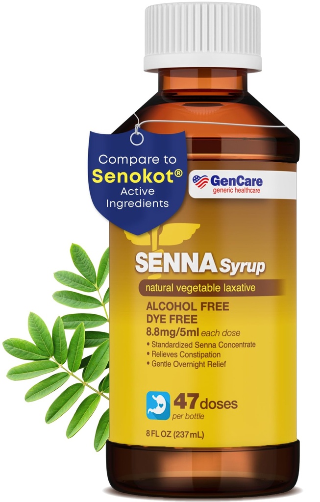 GenCare - Senna Syrup Liquid Laxative (8 Fl Oz Bottle) All Natural Vegetable Sennosides Active Ingredient TEN Easy to Swallow Constipation Relief for Adults and Kids 12 and Older TEN Best Value Size