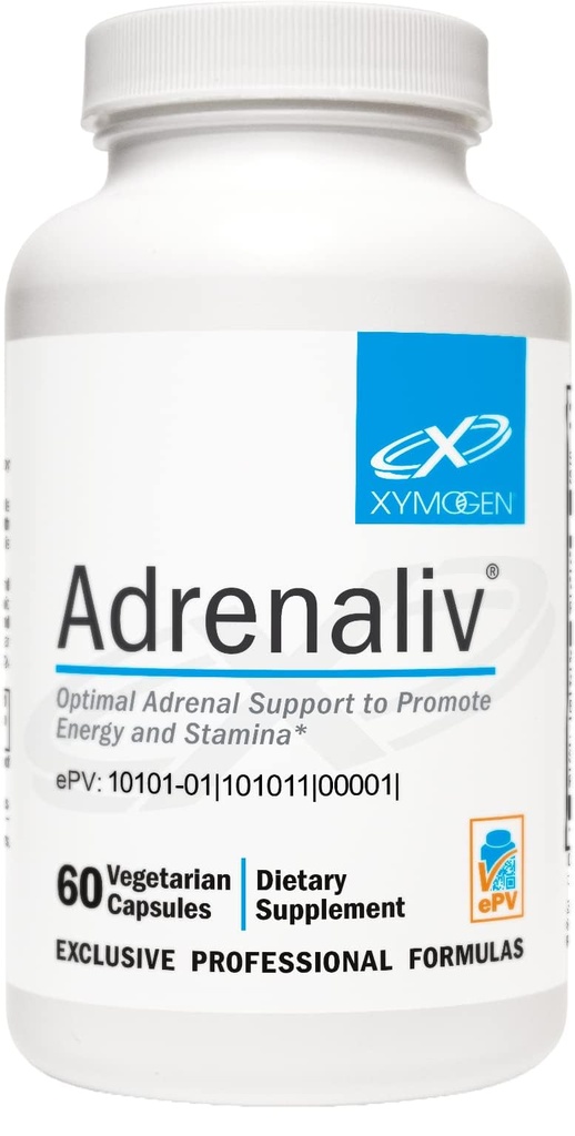 XYMOGEN Adrenaliv - Suplemento de Apoyo Adrenal para promover la respuesta del cuerpo al estrés, promover la energía y la resistencia - Rhodiola Rosea, Eleuthero, Complejo Adrenal, Licorice, Vitamina B6 (60 cápsulas)