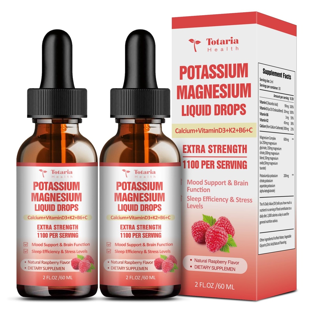 Suplemento de magnesio de potasio gotas líquidas - Suplemento de potasio de alta absorción con magnesio, calcio, vitamina D3 K2, Vegan, Potasio no GMO Potasio de apoyo Leg Cramps, Bone, Muscle - 4 Fl oz