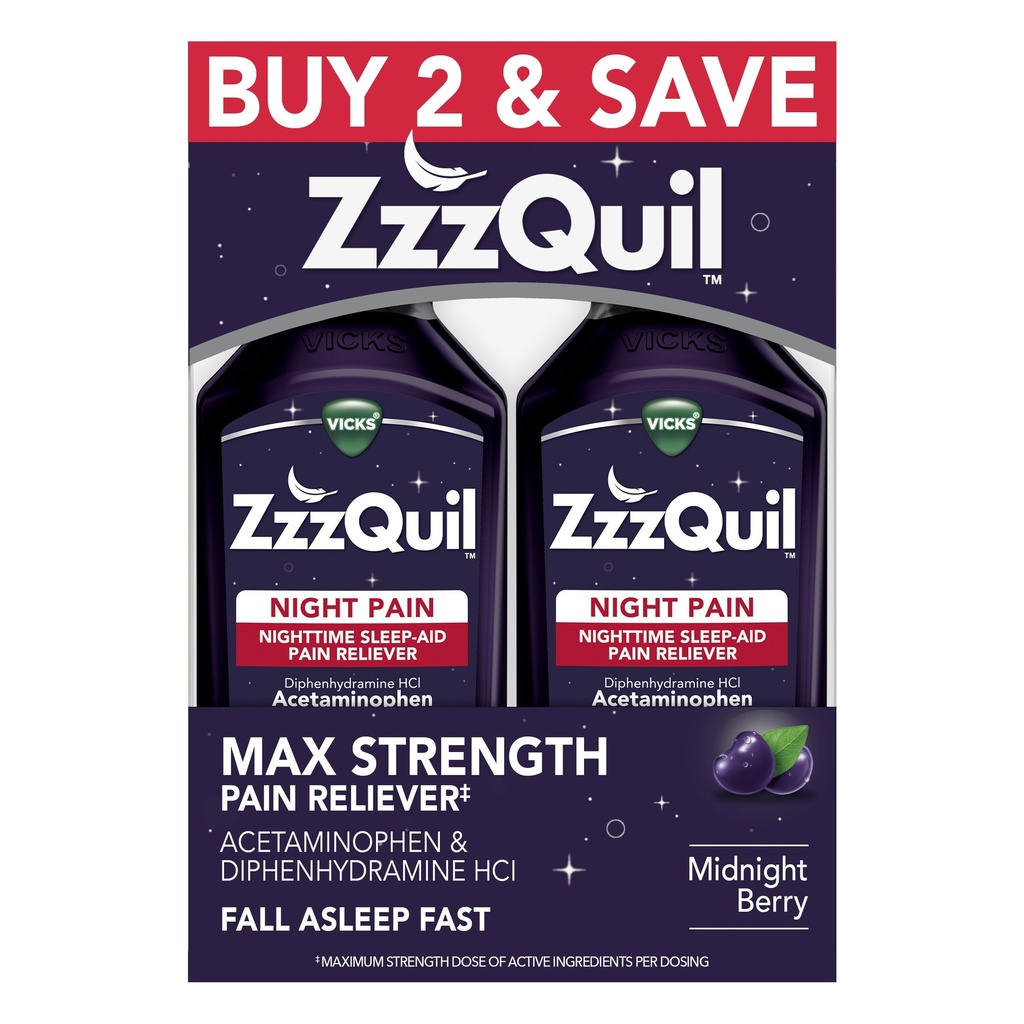 ZzzQuil Liquid, Max Strength Doin Reliever, Nighttime Sleep Aid Liquid, Acetaminophen 1000mg, Diphenhydramine 50mg HCI, Non-Habit Forming, Midnight Berry Flavored, 2 Pack, 24 FL OZ