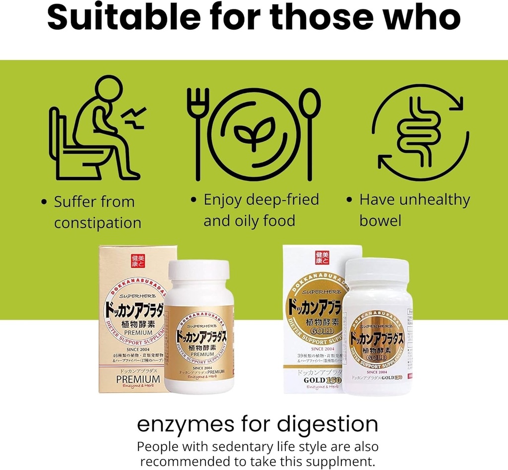 Natural Digestive Enzymes & Herbal Digestive Enzymes Fiber Supplement for Women, with 39 Plant " 7 Herbal Blends for Energy " Metabolism Support, Gold 150 Tablets, from Japan, 2 EA