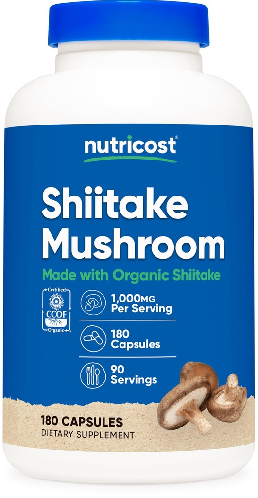 Nutricost Organic Shiitake Mushroom Capsules 1000mg, 90 Servings - CCOF Certified Made with Organic, Vegetarian, Gluten Free, 500mg Por Capsule, 180 Capsules