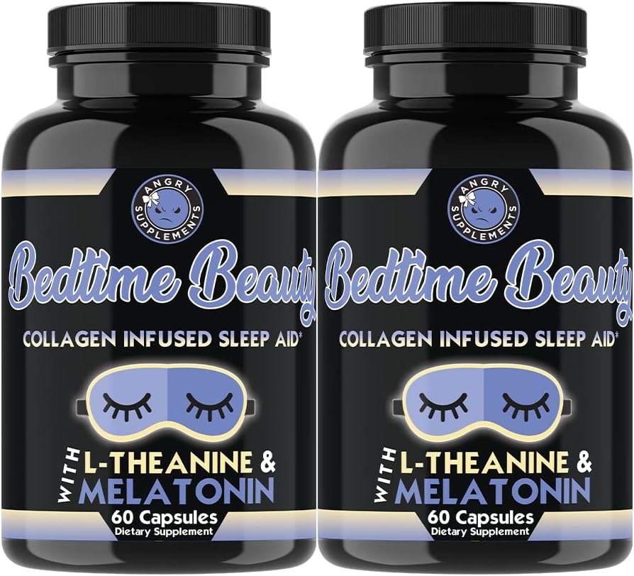 Belleza Bedtime, Collagen Infused Night Time Sleep Aid, All Natural Pills with L-Theanine, Melatonin, Magnesium & Hyaluronic Acid by Angry Supplements (2-Bottles)