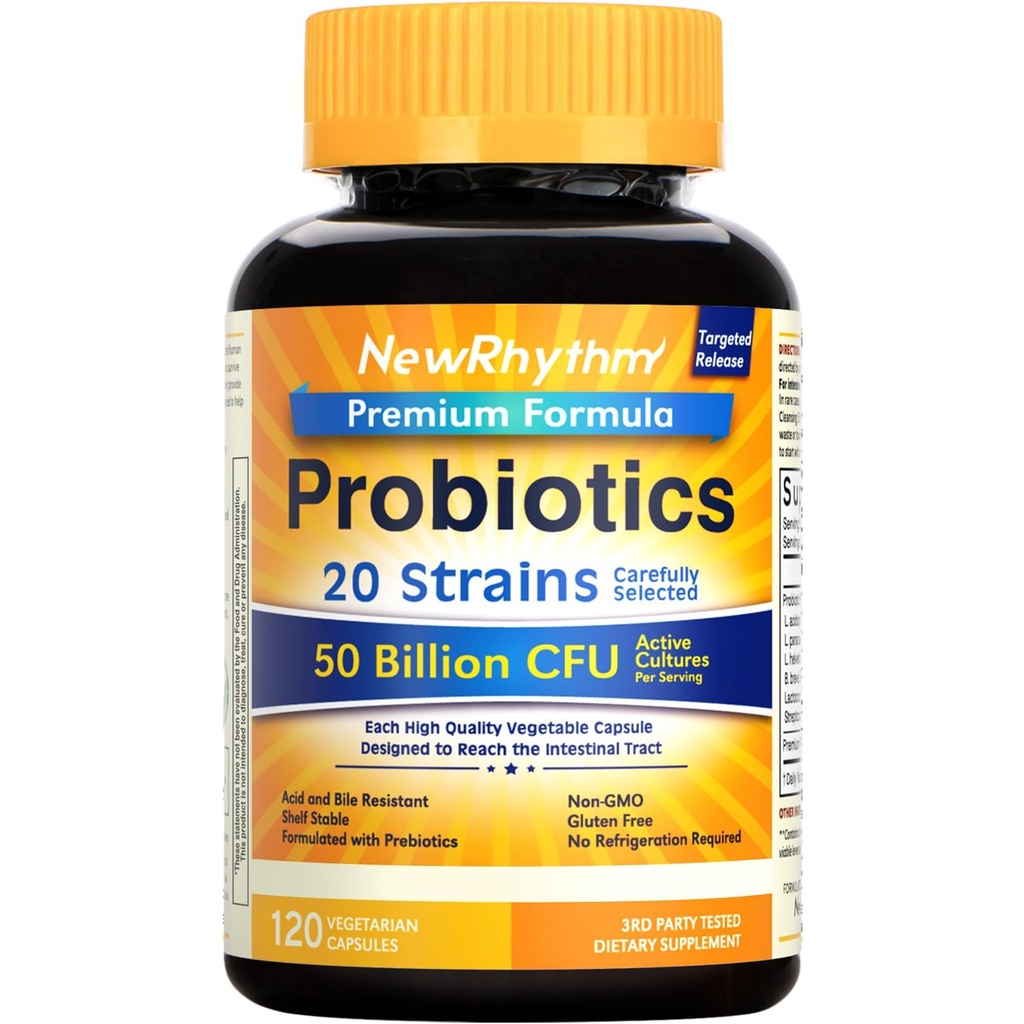 NewRhythm Probiotics 50 Billion CFU 20 Strains, 120 Veggie Capsules, Tecnología de liberación dirigida, resistente a los ácidos estomacach, sin necesidad de refrigeración, Pack de 1, No GMO, Gluten Free