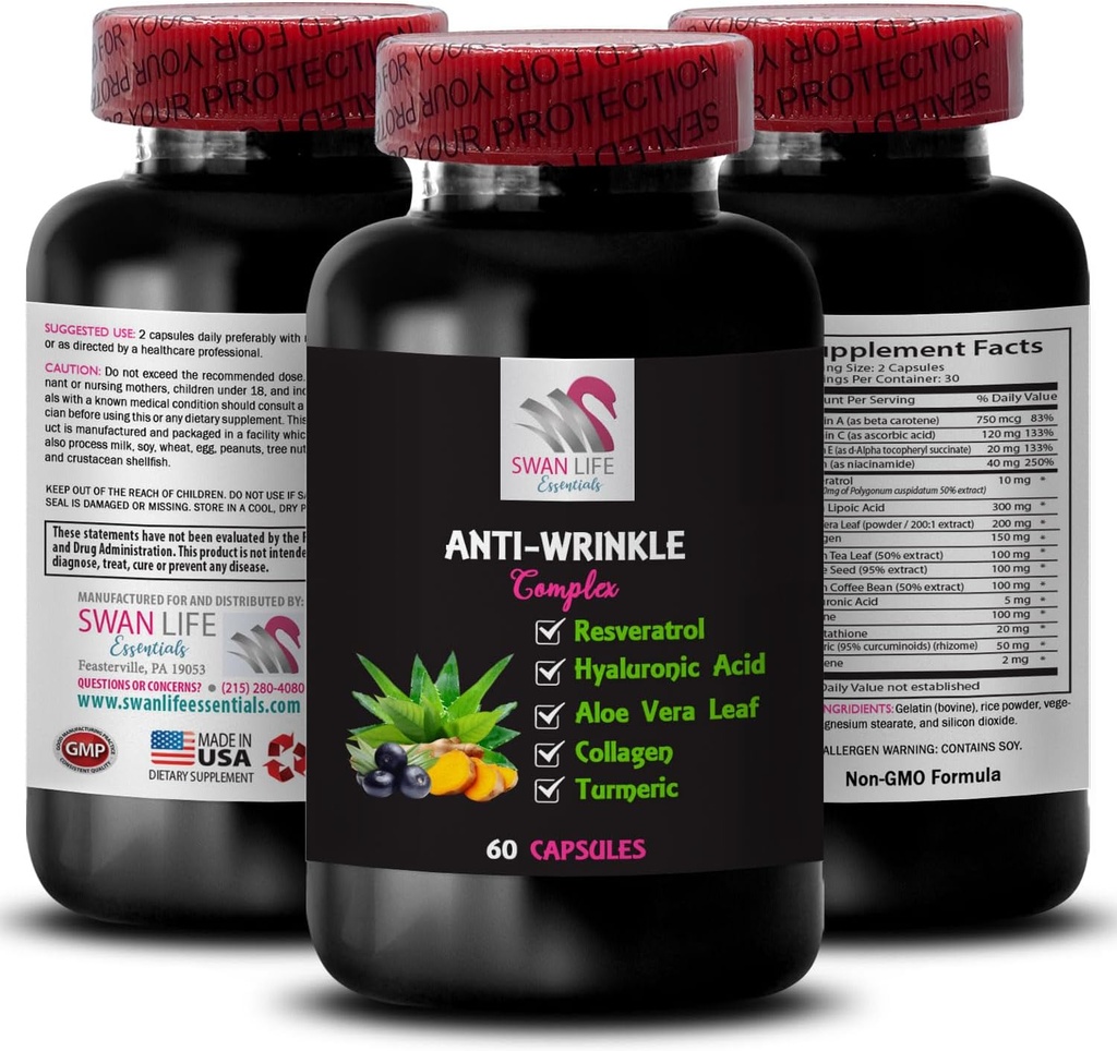 Alfa Lipoic Acid Support - ANTI-WRINKLE COMPLEX - Aloe Vera Leaf Ventajas, Collagen Boost, Green Tea Leaf Extract, Grape Seed Power, Green Coffee Bean Ventajas, Hyaluronic Acid 1 Bottle 60 Caps