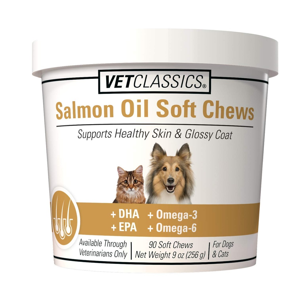 Vet Classics Petróleo de Salmón Suplemento de mascotas para la piel sana, Guassy Coats – Suplemento de la carne de perro, Suplemento de la piel de gato – Incluye Omega-3, 6, 9, Fuente de DHA, EPA – cerdas suaves 90 Ct.
