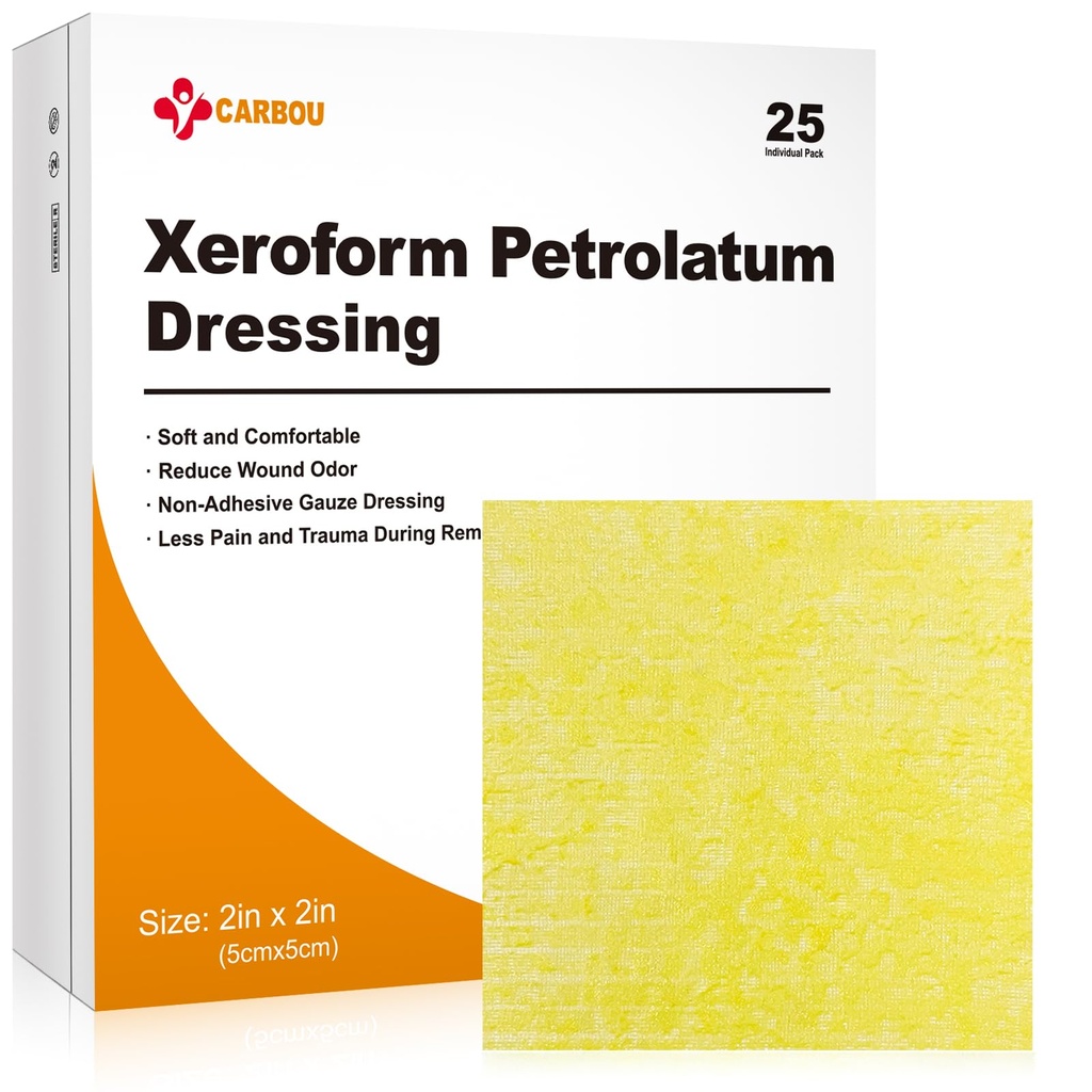 Carbou Medical Xeroform Petrolatum Dressing 2"x2", 25 Individual Pack, No Adherente Gauze Pads, Soft Fine Mesh Gauze Patch for Wound Care, Burns, Lacerations, Skin Grafts ' Surgical Incisions