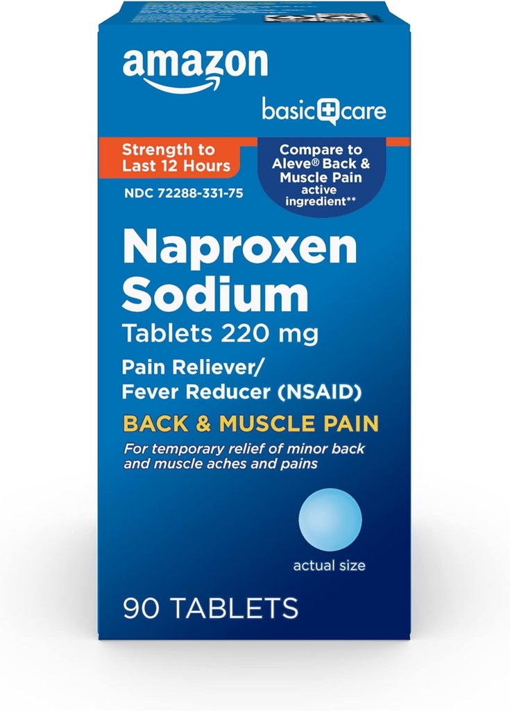 Cuidado básico Volver y dolor muscular, 220 mg, alivio de dolor de 12 horas, tabletas de sodio de Naproxen, alivio de dolor y reducción de fiebre, 90 conteo