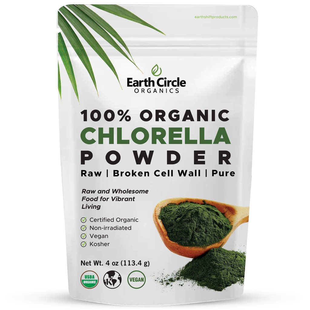 Círculo de la Tierra Orgánica Clorella Powder Ecológico Superalimentos ¦ Kosher ← Clorofila de la pared celular rota, Vegan, Super Green Algae, Clorella limpia, Alta en Proteína, Fibra & Aminoácidos - 4oz