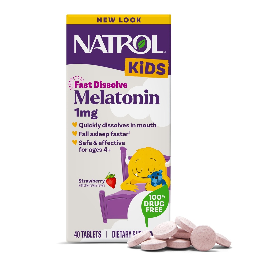Natrol Kids Fast Dissolve Melatonin 1 mg, Suplemento dietético para el descanso, tabletas de sueño para niños, 40 tabletas de melatonina con sabor a fresa, 40 días de suministro
