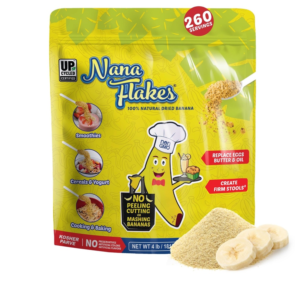 Nana Flakes 100% Pure Banana Flakes Food Powder 4 lbs - Gran Fuente de Potasio & Fiber, para la salud digestiva " Diarrea ocasional, lavado de carne - Natural " Soothing (4 lbs Bag)