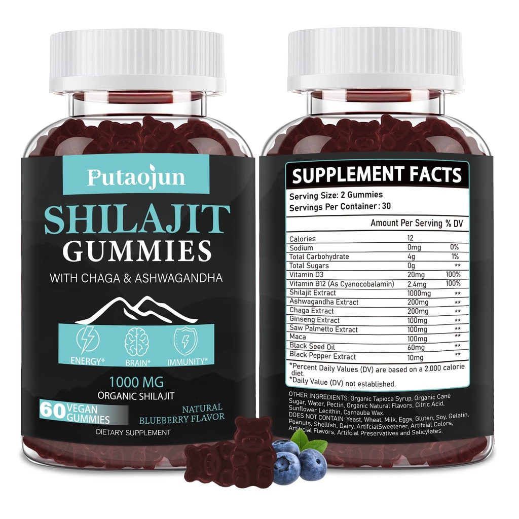 Shilajit for Man,Woman & Kid.Himalayan Gold Shilajit Gummies.1000mg Shilajit,200mg Ashwagandha,200mg Chaga,100mg Ginseng, 100mg Saw Palmatto, 60mg Black Seed Oil