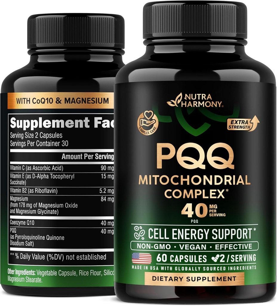 PQQ 40 mg - PQQ con CoQ10 Suplemento - Mitochondria Biogenesis & Cellular Energy Production - con Magnesium, Vitaminas C, E &amp; B2 - Pure &amp; Highly Bioavailable ← Lab Tested - Made in USA - 60 cápsulas