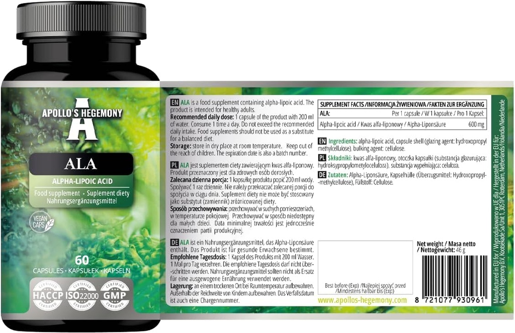 APOLLO'S HEGEMONY ALA (Alpha Lipoic Acid) 600 mg - 60 cápsulas veganas - Optimiza la gestión de glucosa - Apoya la salud mitocondrial - Dos meses de suministro