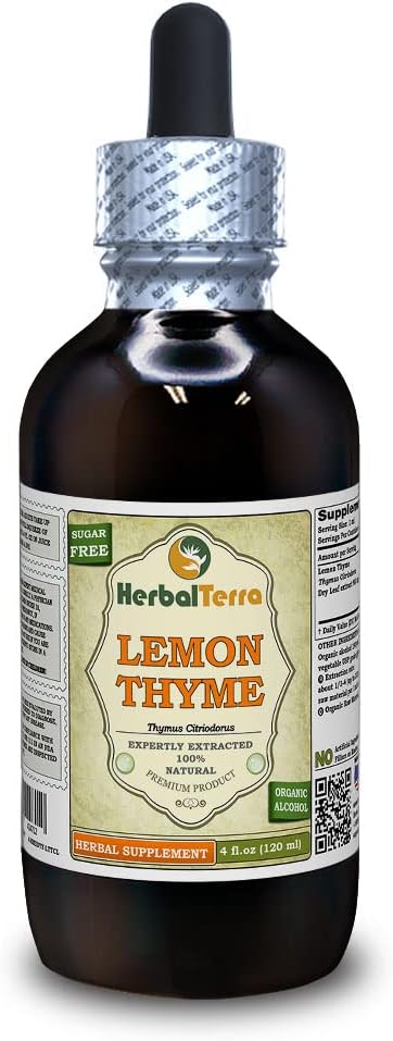 Tomo de limón (Thymus x Citriodorus) Tintura, Extracto líquido de hierba seca orgánica (Marca: HerbalTerra, Proudly Made in USA) 4 fl.oz (120 ml)