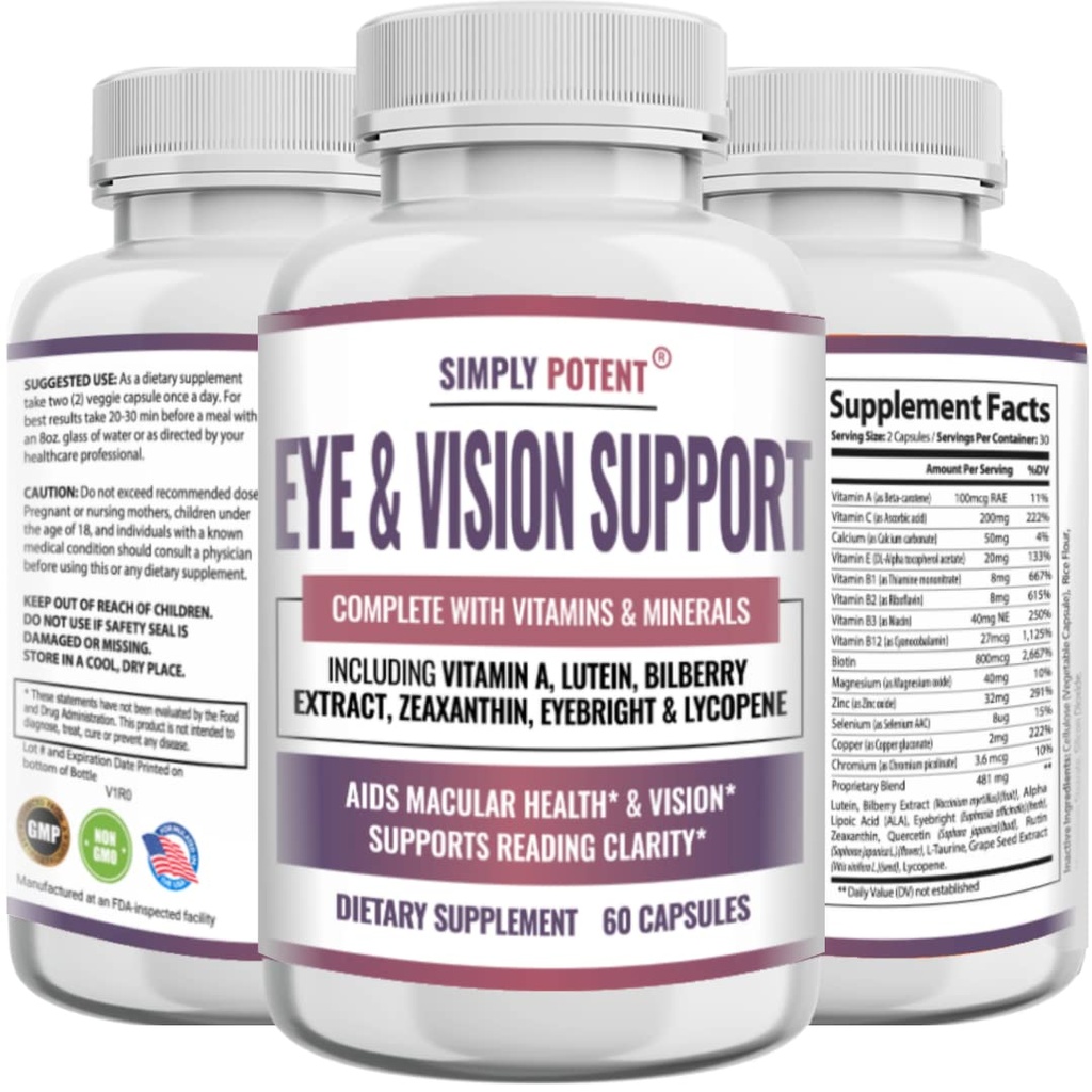 Lutein " Zeaxanthin Eye Health Supplements for Adults, Natural Eye " Vision Formula w/Vitamin A, Lutein, Zeaxanthin, Bilberry Extract, Eyebright " Lycopene for Retina " Lens 60 Caps