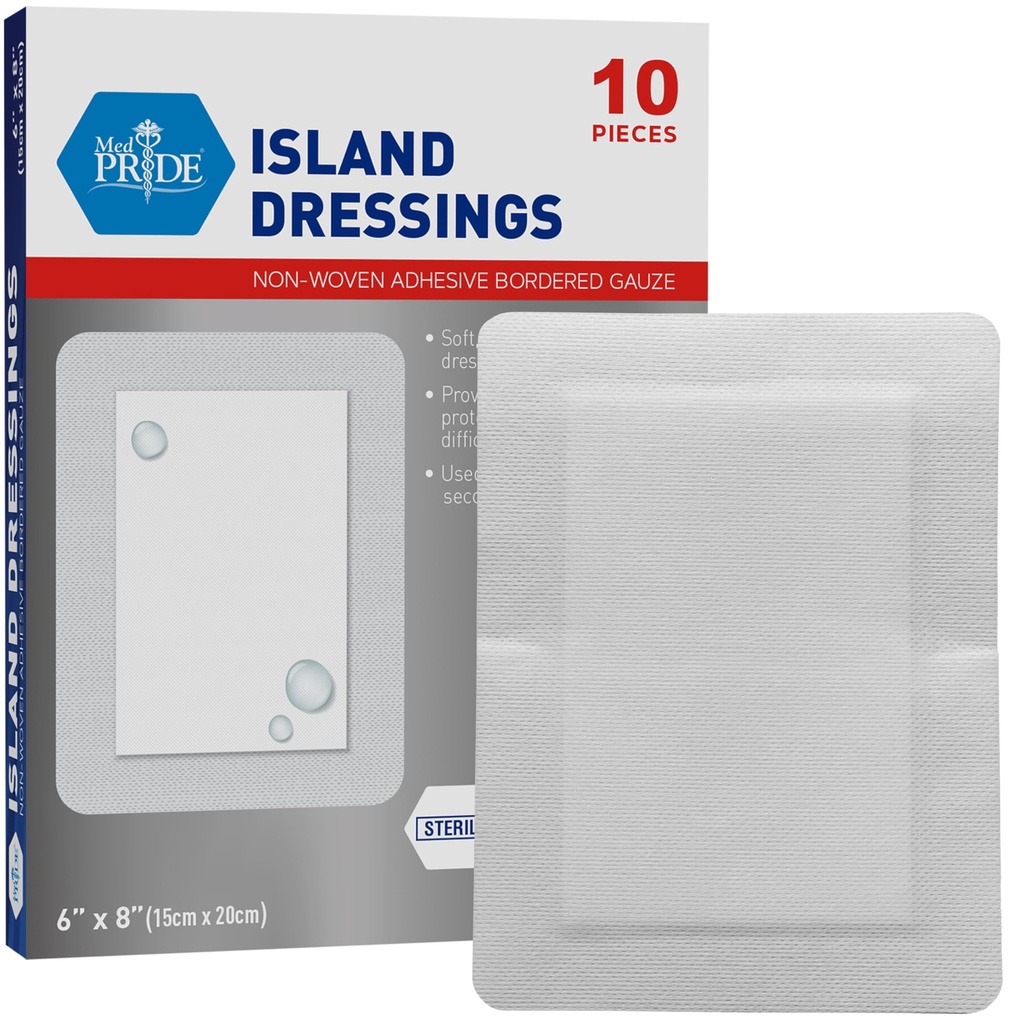MED PRIDE Adhesive Island Dressing Large Gauze Pads for Wounds Sterile Absorbent Breathable Latex and Rubber Free Individually Packed (6' x 8')