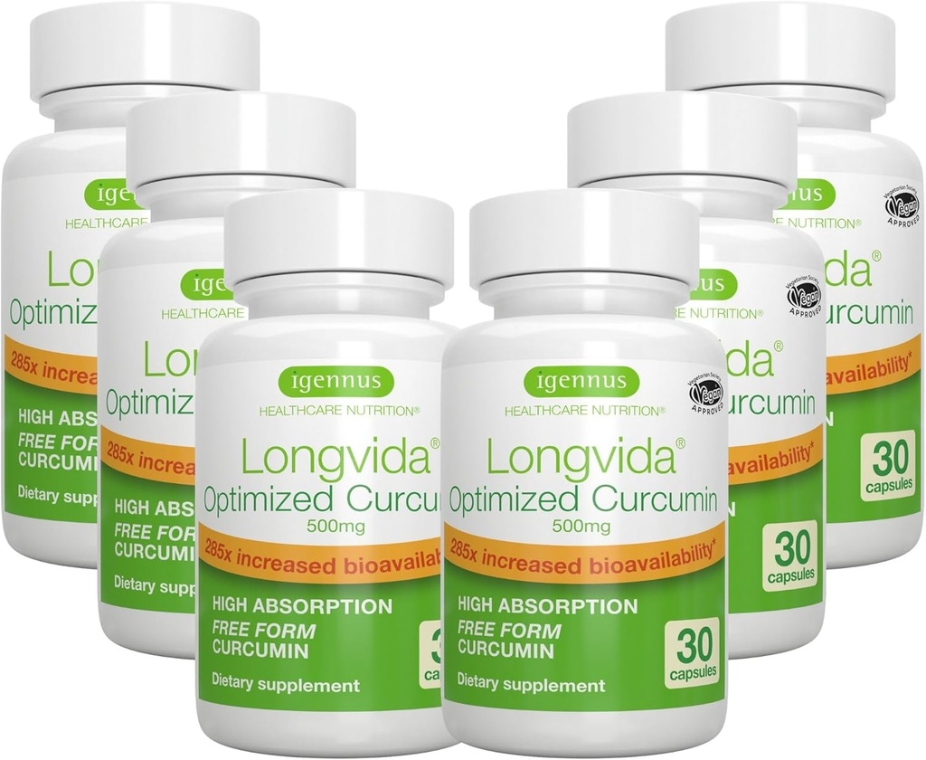 Igennus Longvida Lipidated Curcumin 500mg, Ultra Bioavailable & Sustained Action, 65x Superior Plasma Levels, Intensive Support, Free-Form Curcumin, Vegan, 180 Capsules