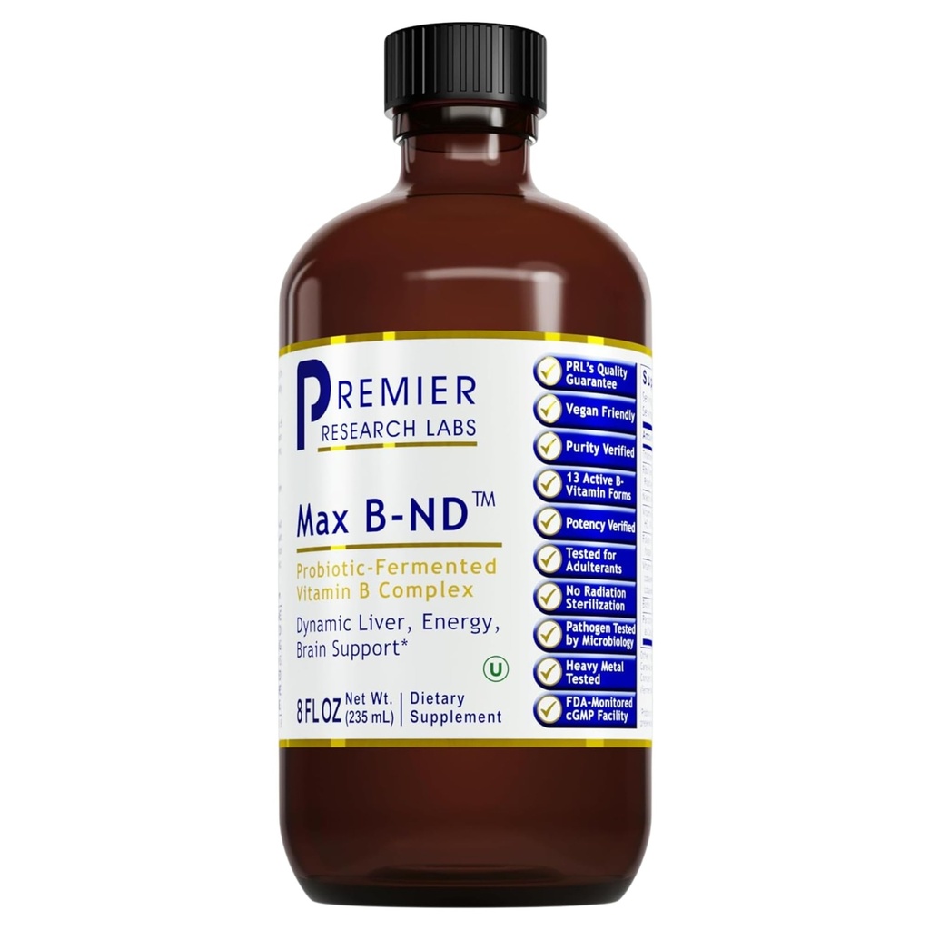 Premier Research Labs Max B-ND - Complejo de Vitamina B Líquida para la salud del hígado, gotas sublinguales para hombres y mujeres con Thiamin, B12 &amp; B6-8 Fl Oz Bottle