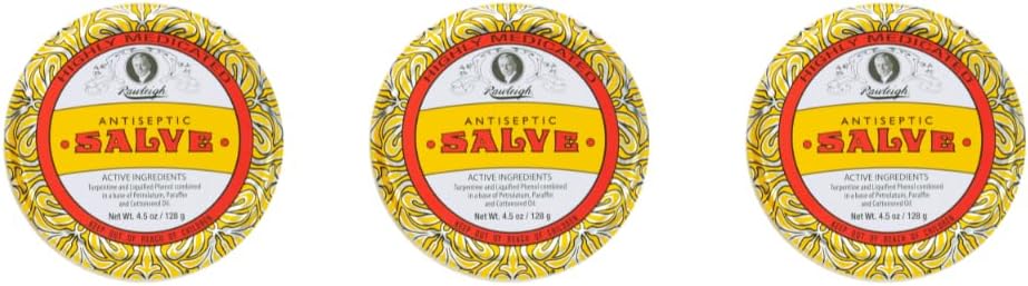 Rawleigh Antiseptic Salve Iconic Yellow Big Tin: 4.5 oz, Multi-Purpose Ointment Soothes Cuts, Bruises, Irritations, with Turpentine, Phenol, Cottonseed Oil &amp; Paraffin, Original Formula - Pack of 3