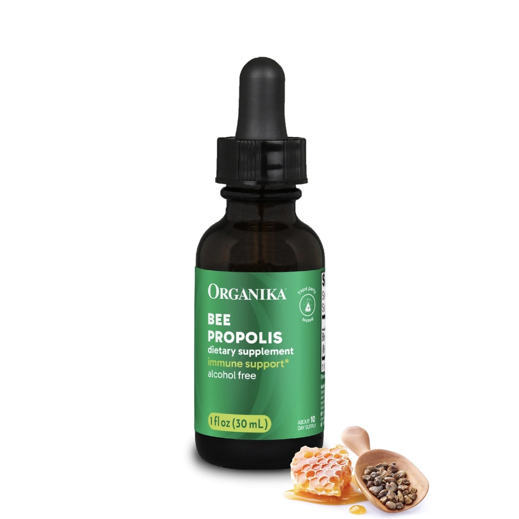 Organika Bee Propolis Tincture 1 oz: Vegan Propolis Extract - Throat y Respiración - Libre de Gluten, GMO, " Artificial Flavors - 10 Day Prop Drops Supply