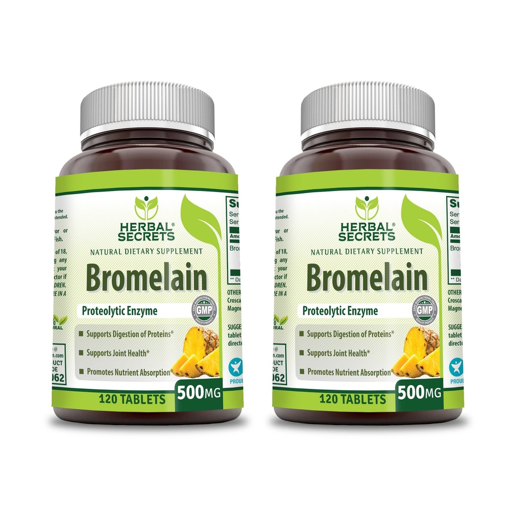Herbal Secrets Bromelain 500 Mg 120 Tablets Supplement ⋅ Pack of 2 ← Non-GMO TEN Gluten Free ← Made in USA