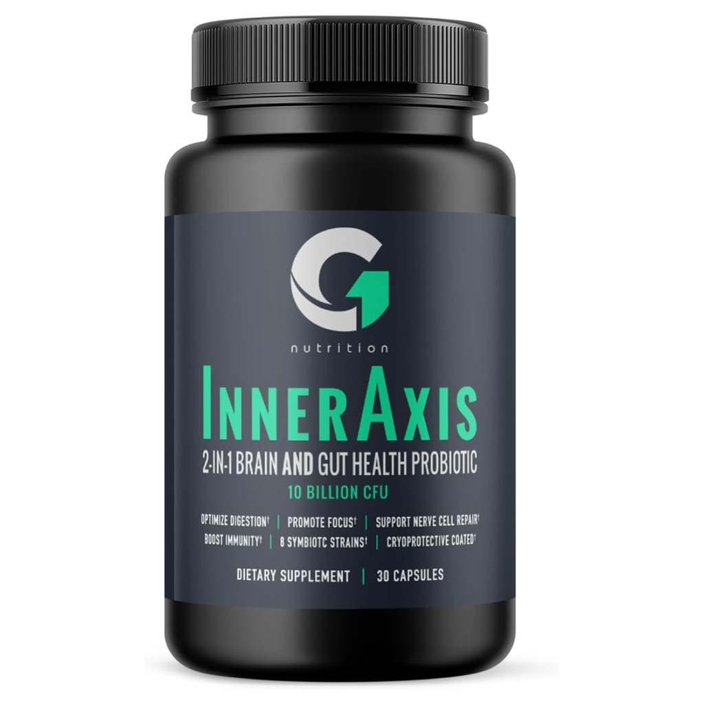 InnerAxis 2-en-1 Brain and Gut Health Probiotic, 10 Billion CFU, 8 Strains Symbiotic para Gut, Psychobiotic, Mood and Brain Support, Acidophilus Probiotic for Women and Men, 30 Servings