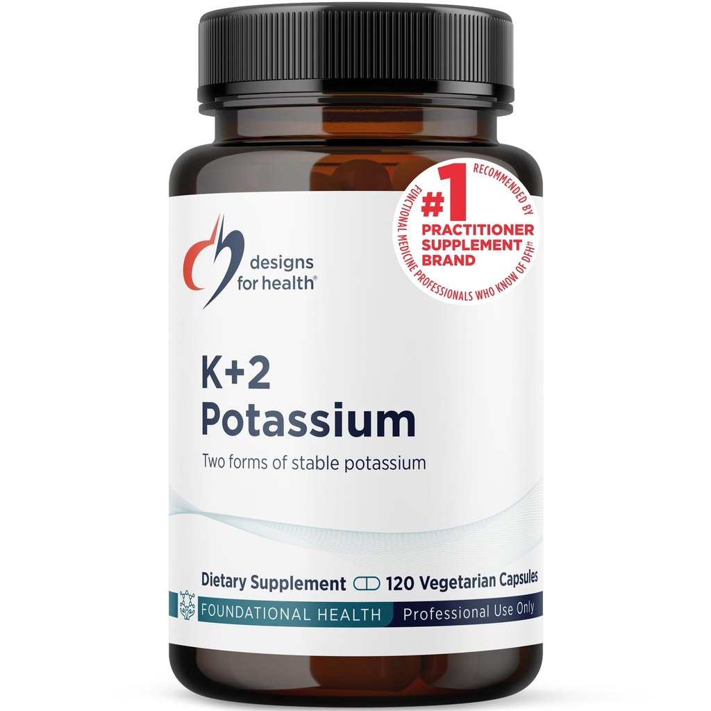 Diseños para la salud K+2 Potasio - 300mg Dos Formas de Potasio - Bicarbonato de Potasio + Píldoras Glycinadas - Suplemento Apoyo para Ayudar Mantener Niveles de Presión Sanitaria Saludables (120 Cápsulas)