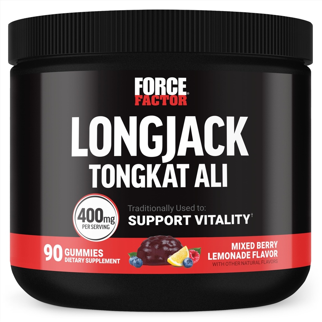 Factor de fuerza Longjack Tongkat Ali Gummies, Tongkat Ali para Hombres para soportar la vitalidad masculina y la unidad, 400mg Tongkat Ali con BioPerine, Mixed Berry Lemonade, 90 Gummies