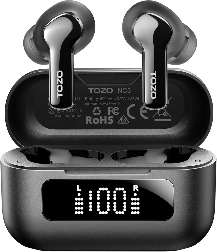 TOZO NC3 Hybrid Active Noise Canceling Wireless Earbuds with 6 Mics AI Clear Call Ear Buds 55H Playtime with LED Display 32 Preset EQs via APP Bluetooth 5.3 IPX8 Waterproof in Ear Headphones