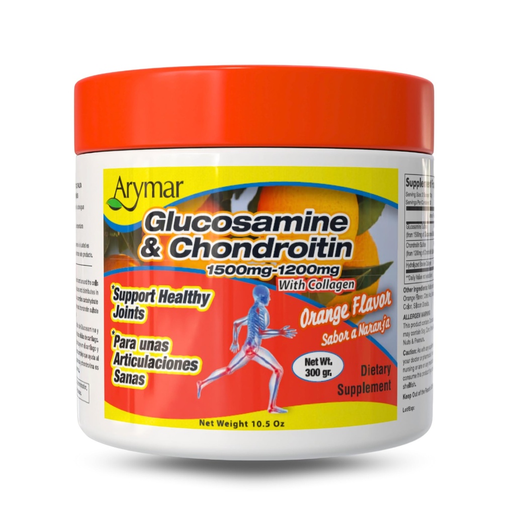Arymar Glucosamina 1500 mg + Condroitina 1200 mg con Collagen – Polvo Conjunto de Salud sabor a naranja, 300 g