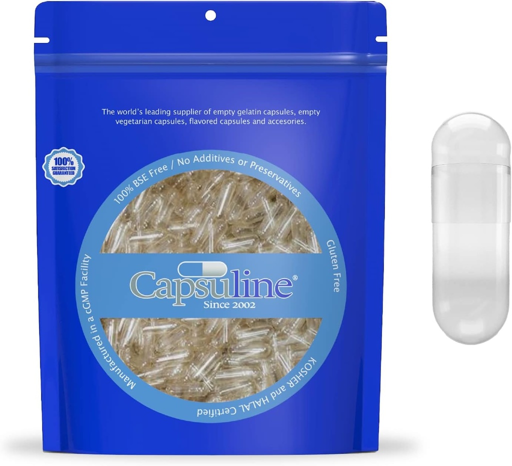 Tamaño de la capsulina 0 - Cápsulas de Gelatina vacías claras - 25000 Cuenta - DIY Pure Bovine Pill Capsule Filling - Cápsulas vacías - Kosher, Gluten Free and Halal Certified - Non-GMO Certified (Clear)