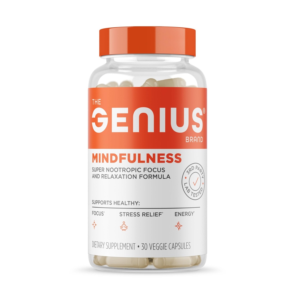 The Genius Brand Genius Mindfulness - Suplemento de salud cerebral - Supports Healthy Mindsets - Calm, Energy, Memory " Focus Support - Ashwagandha, NeuroFactor " Más - 30 píldoras vegetarianas