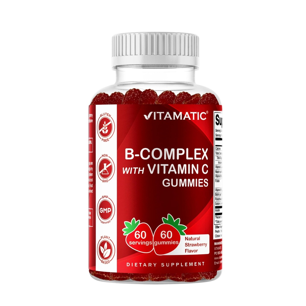 Complejo de vitamina B con vitamina C &amp; Inositol - sabor de fresa natural - 60 gomas (1 botella)