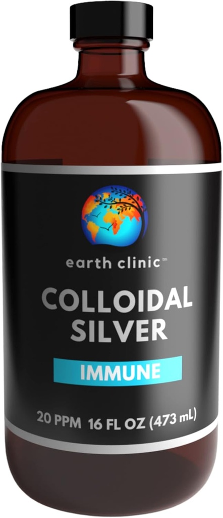 Earth Clinic ® Colloidal Silver 20 PPM, 16oz (473mL), Botella de vidrio ámbar grande - Immune Support