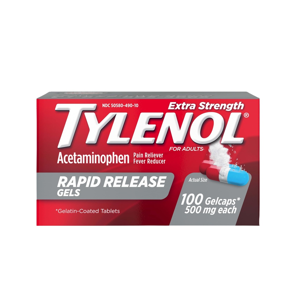 Tylenol Extra Strength Acetaminophen Rapid Release Gels, Doin Reliever & Fever Reducer, Gelcaps with Laser-Drilled Holes for Fast Release, Gentle on Stomach, 500 mg Por Gelcap, 100 Conde OTC Medicine