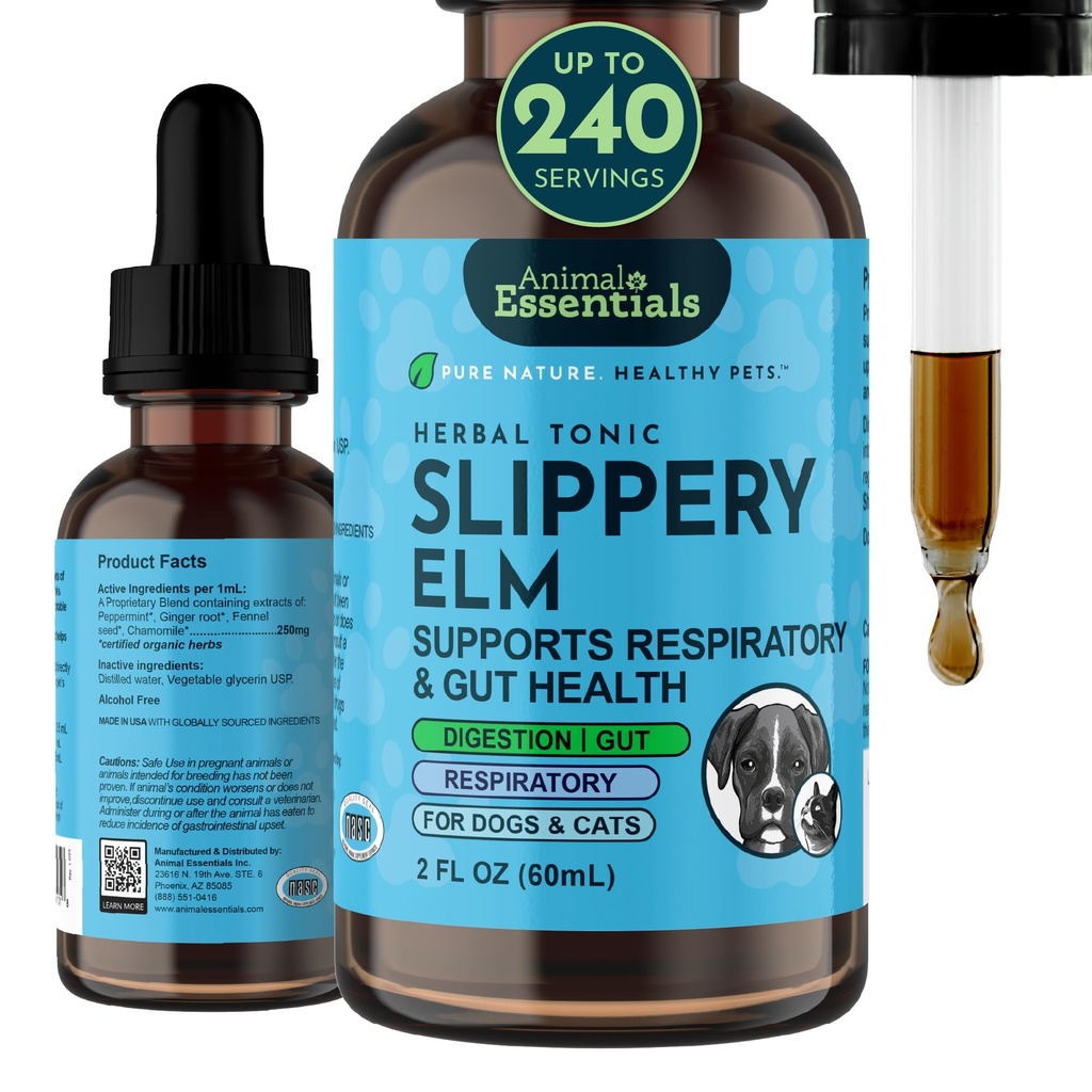 Esenciales de animales Elm resbaladizo - Extracto herbal para perros y gatos, promueve la digestión saludable, función de bolos, hierbas orgánicas certificadas, toda la salud natural, respiratoria, fórmula líquido - 2 Fl Oz