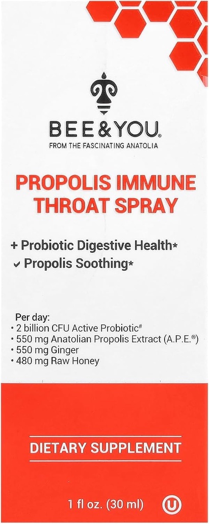 Abeja y usted Propolis y Probiotic Throat Spray con Ginger, Immune Support, Digestive Health, Antioxidants, Keto, Paleo, Gluten-Free, 1 Fl oz