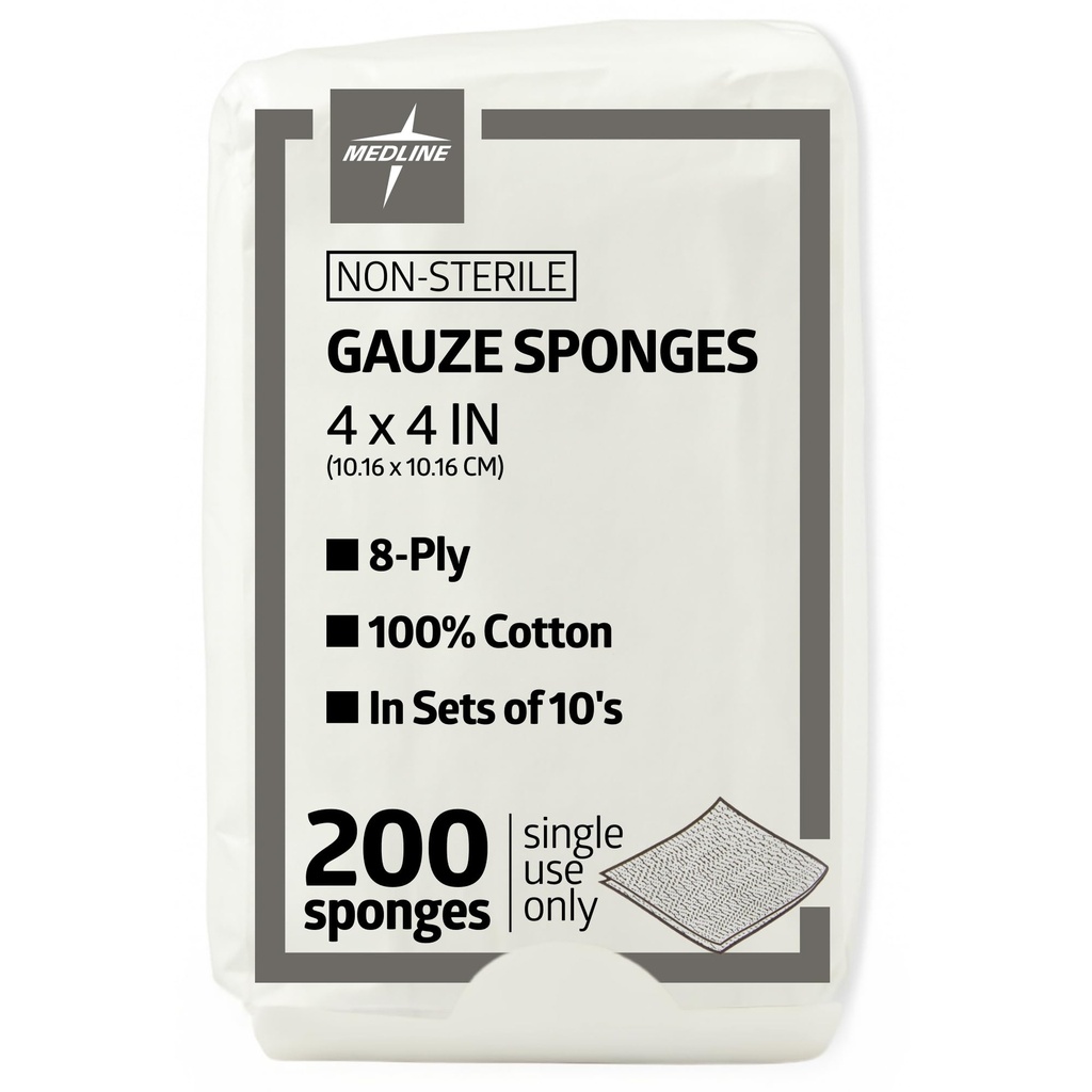 Medline 4 x 4 Esponjas de Gauze de Hinchera, No estéril 8-Ply Gauze, 100% Algodón, Ideal para el Vestido de Herido, Cuidado de Heridas, Uso de Primeros Auxilios Generales, Pack de 200