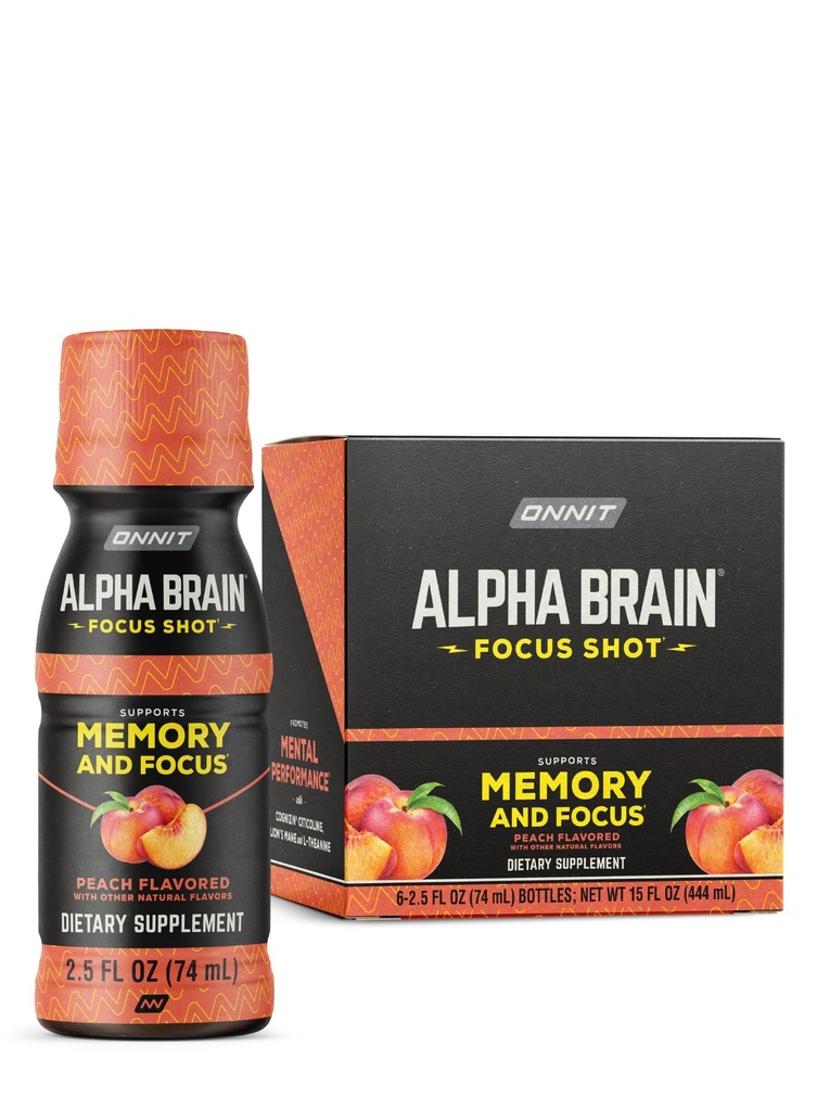 ONNIT Alpha Brain Focus Shot, Peach Flavor, Nootropic Dietary Supplement Drink That Supports Energy, Focus, and Mood, IGENTM Non-GMO Tested, 2.5 fl oz, 6 Count