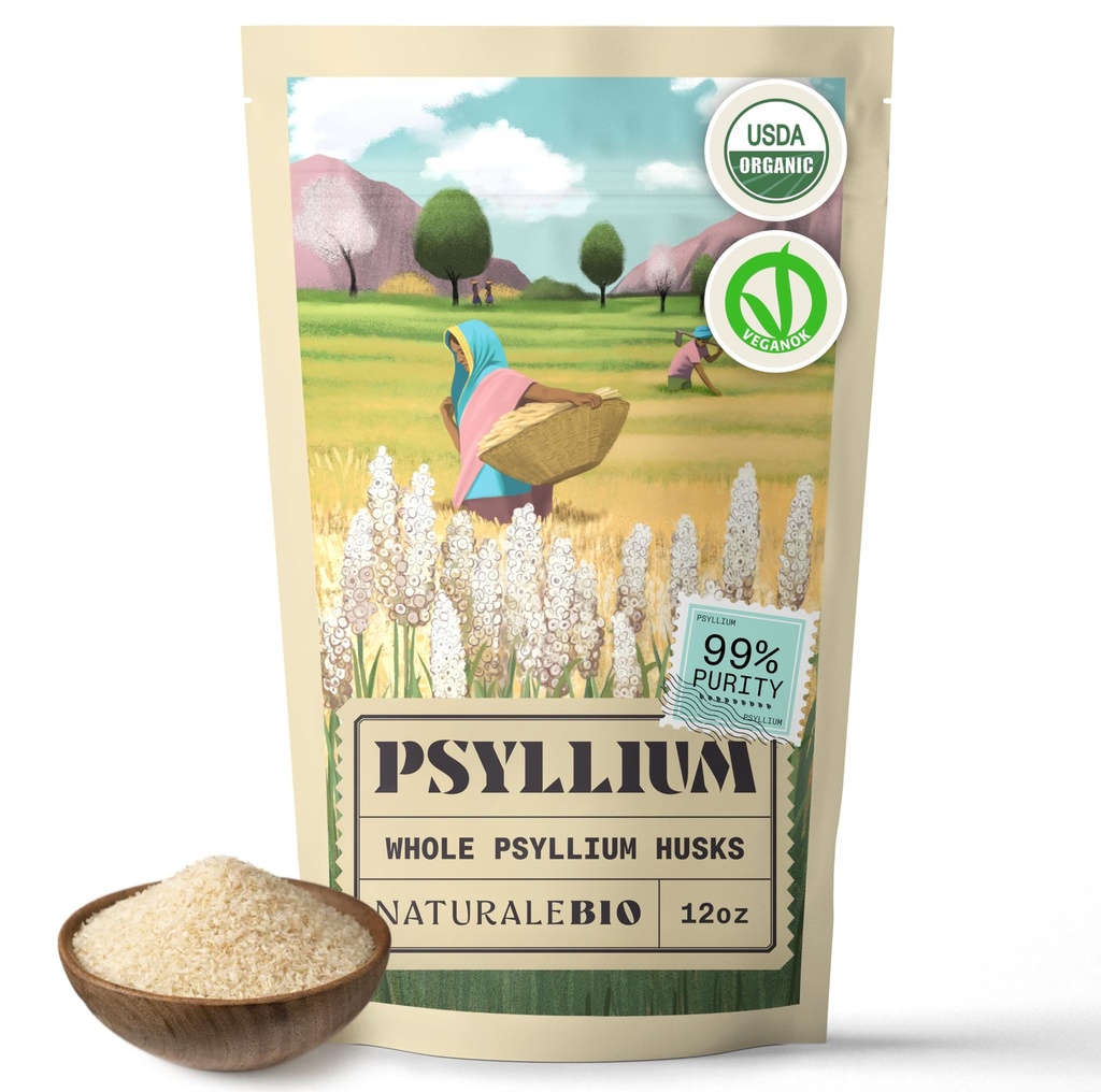 NaturaleBio Whole Psyllium Husk. 12 oz. 99% Pure Psyllium Seed Husks. Suplemento de fibra natural. USDA Organic Certified. Producido en India. Gratuito, Keto, Paleo, Vegan Diets. Probióticos