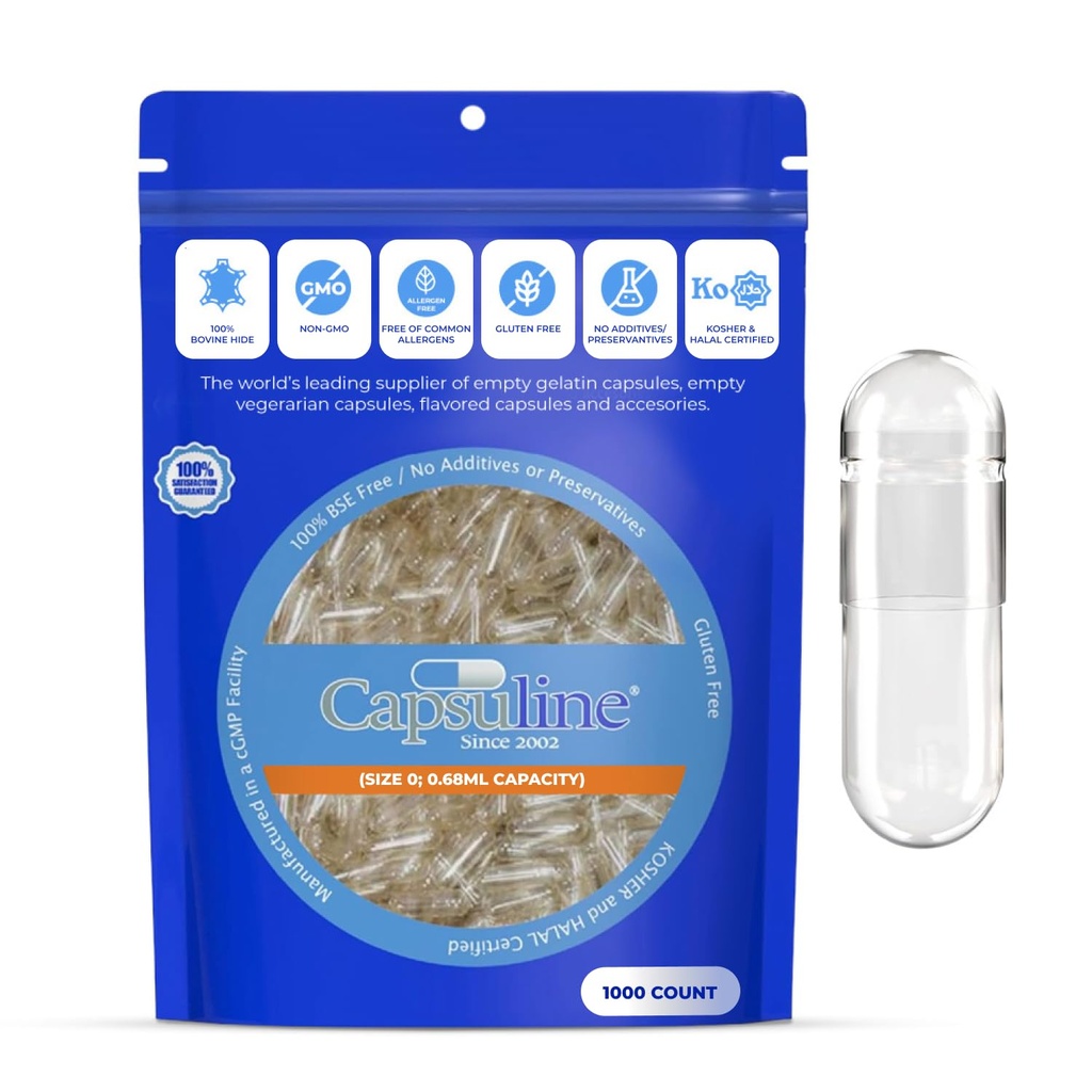 Capsuline Size 0 Empty Gelatin Capsules, Clear - 1000 Count TENIDO Gluten Free, Kosher, Non-GMO Certified TEN Pure Bovine Pill Caps for DIY Supplement Filling - 1000
