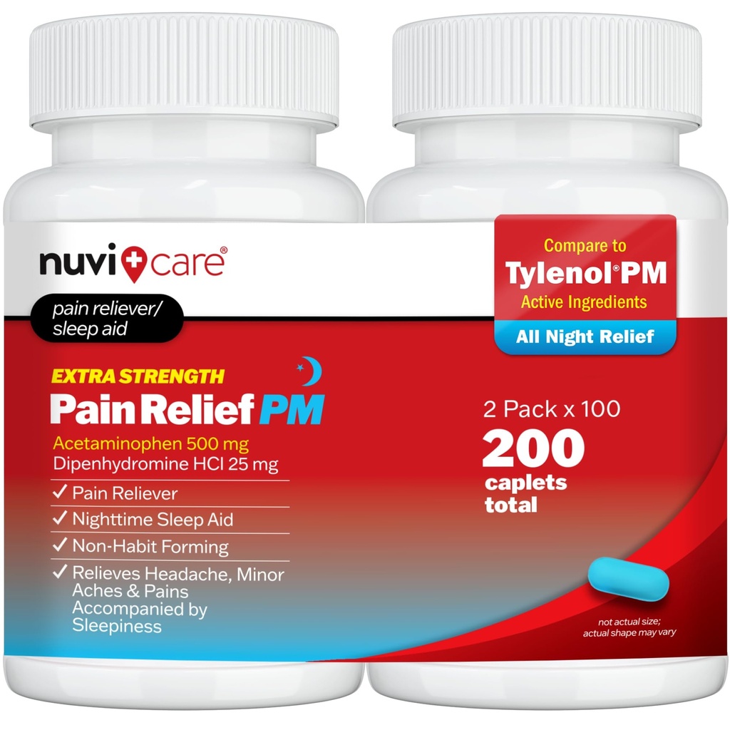Extra Strength Pain Relief PM - Acetaminophen 500mg &amp; Diphenhydramine 25mg - Comparación con Tylenol PM Extra Strength Sleep Aid - Adult PM Doin Reliever for Nighttime Aches &amp; Pains (100 Tablets)
