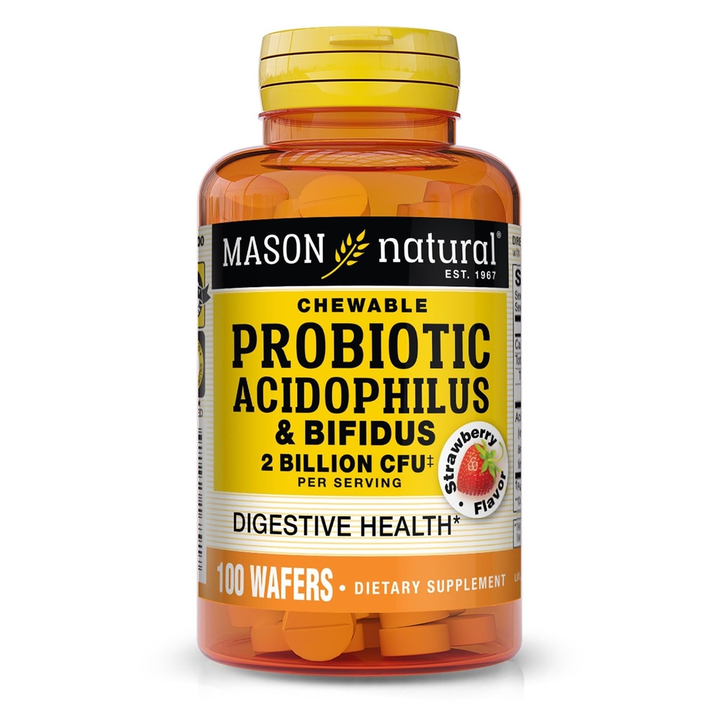 MASON NATURAL Acidophilus Probiótico con Bifidus, 50 Day Supply, Supports Healthy Normal Digestion, Strawberry Flavor, 100 Chewable Wafers
