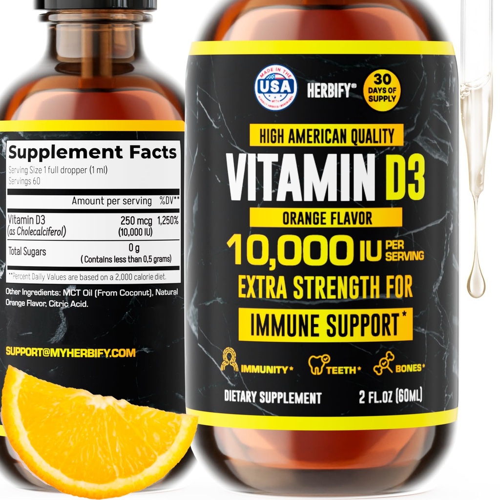 HERBIFY Vitamina D3 10000 UI - Hecho en EE.UU. Líquidas de vitamina D gotas - Bone Strength and Immune Support Suplemento - Sunshine Replacement - D3 Vitamina Bone and Teeth Suplemento - 2 Oz