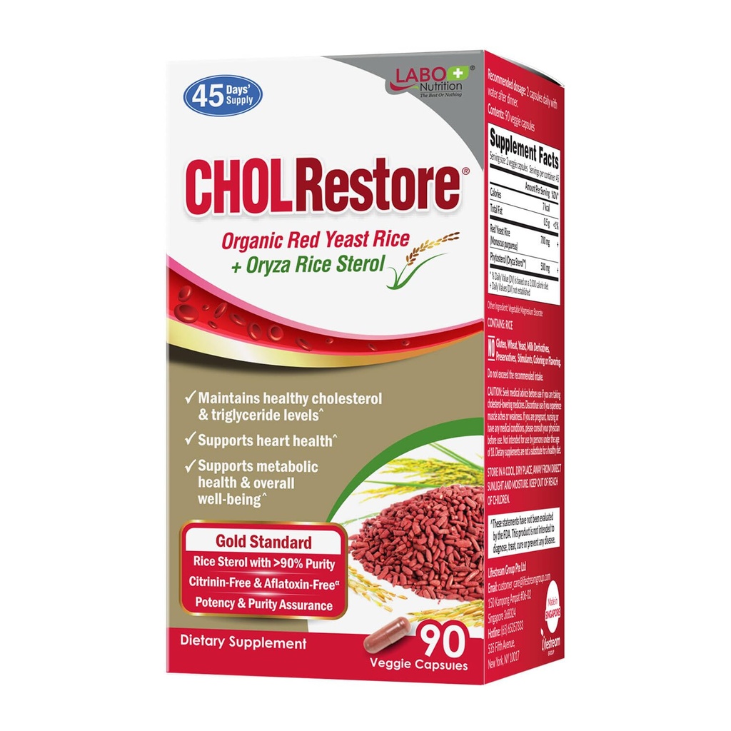 LABO Nutrition CHOLRestore – Red Yeast Rice with Phytosterol Health Supplement, Supports Healthy Cholesterol Levels, Citrinin, Aflatoxin &amp; Soy Free, 90 Vegetarian Capsules